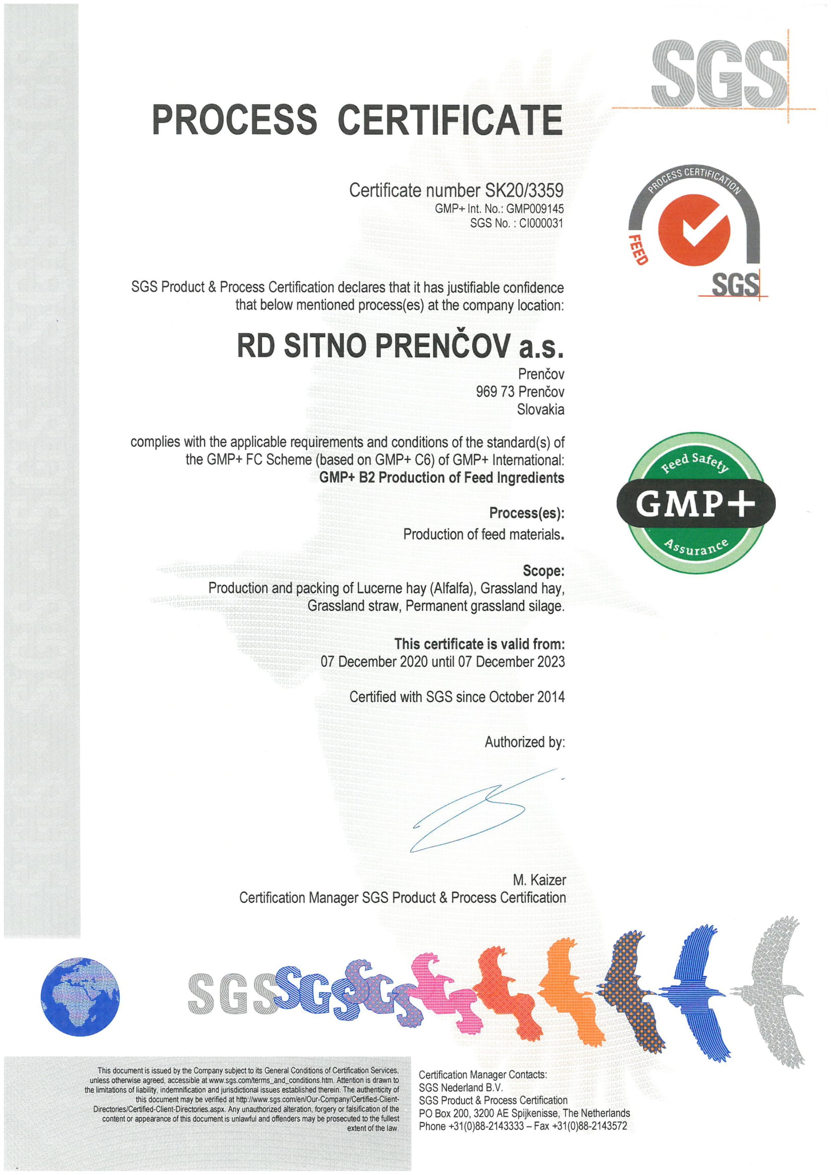 RD SITNO PRENČOV a.s. certifikát GMP+ B2
